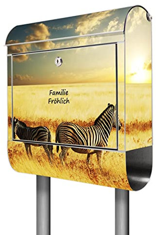 banjado® Briefkasten mit Standfuß personalisiert Motiv Zwei Zebras - Stand Briefkasten Edelstahl mit Zeitungsfach - Postbox/Postkasten A4 Einwurf inkl. Montagematerial & 2 Schlüssel