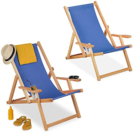 Relaxdays Liegestuhl Holz, klappbarer Strandstuhl im 2er Set, 3 Positionen, 100 kg, mit Armlehnen & Getränkehalter, blau
