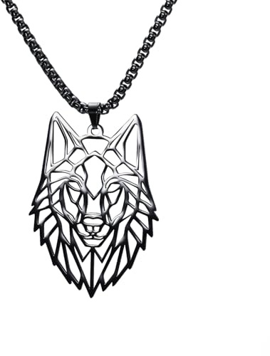 Amaxer Collana con ciondolo a forma di testa di lupo, con motivo geometrico, per amante degli animali, unisex, 50 cm (Nero)