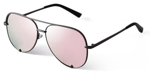ADE WU Retro Oversized Aviator Sunglasses for Women Vintage Black Pilot Sun Glasses for Woman Ladies, Pink Mirrored Reflective Lense 58mm