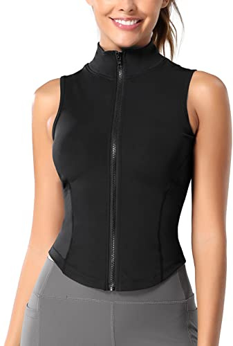 SEAUR Veste de Sport Femme Veste de Course sans Manche Veste de Yoga avec Fermeture Éclair Jogging Vélo Alpinisme Noir M