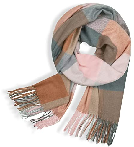 Glamexx24 Halsduk för kvinnor, rutigt vintermode: Vinterhalsduk för kvinnor i kashmir, stickad halsduk, överdimensionerad fyrkantig filthalsduk med randigt mönster och fransar, poncho, En Storlek