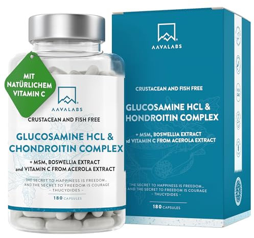 Glucosamine and Chondroitin High Strength with MSM, Boswellia Extract & Vitamin C - Glucosamine Complex - Fish and Crustacean Allergen Free - 180 Capsules (3 Capsules Daily)