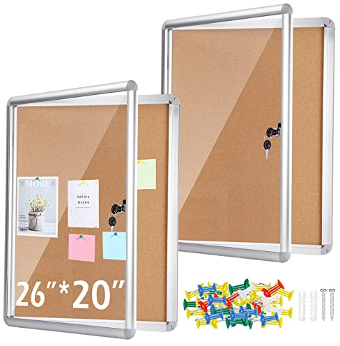 2 Pieces Enclosed Bulletin Board 26 x 20 Inch Lockable Notice Board Case Aluminum Framed Waterproof Noticeboards Cabinet with Mounting Screws for Office School Classroom Wall Display