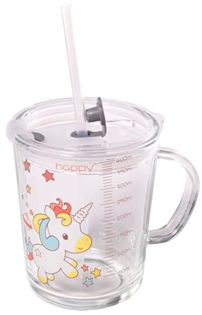 INTIRILIFE Kinder Trinkbecher transparent mit Deckel, Skala und Strohhalm mit Einhorn Design - 400 ml - Trinkglas Kinderglas Kinderbecher mit Henkel mit süßem Motiv, sicheres Trinken ohne Verschütten