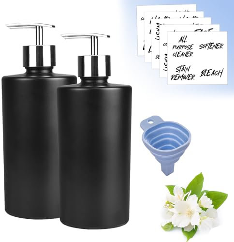 INFOMAG 2er Set Seifenspender Schwarz Glas Seife Spülmittel Spender Duschgel Pumpspender Shampoo Spender 450ml Flüssigseifen Handseife Spender mit Trichter Shampoo Flaschen zum Befüllen
