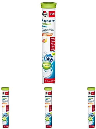 Doppelherz Magnesium + Kalium SPORT - Magnesium und Kalium als Beitrag für die normale Muskelfunktion - vegan - 15 Brausetabletten mit Zitronen-Grapefrucht-Geschmack (Packung mit 4)