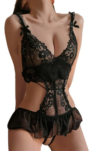 KONFEN Sexy Damen Dessous Set, Erotische Translucent Spitze Riemchen Bodysuit Frauen, Overall Lingerie mit Loch Reizwäsche BH und Höschen Sets, Verstellbare Offen Body Suit Unterwäsche (Schwarz)