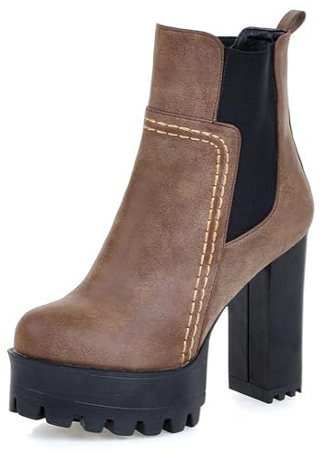 Lroey Reoly Stivaletti da Donna con Tacco Largo, Stivali Chelsea Punta Rotonda Tacco Alto Stivali Corti Senza Chiusura con Plateau, P15910Uz Marrone Numero 36 EU