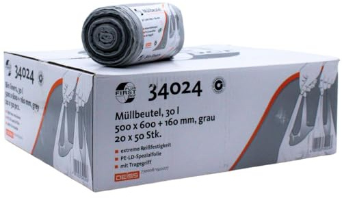 DEISS First Plus Pcr Müllbeutel 30 Liter, 34024 mit Tragegriff - Karton | Rolle (50 Stück)