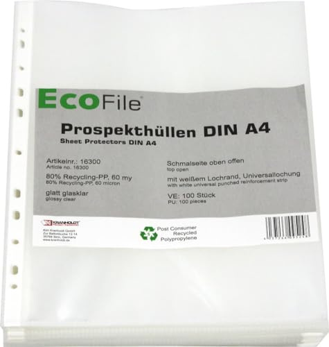Prospekthüllen A4 PCR‑PP 60my glasklar glatt Eurolochung oben offen 100Stk | 60 my starke PCR‑PP‑Folie aus recycelten Endkundenabfällen, glasklar und fotoecht