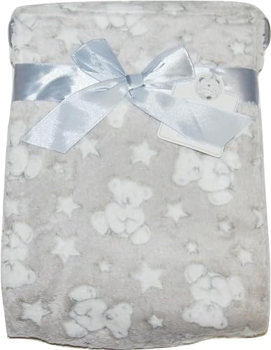 KAV Weiche Fleece-Wickeldecke für Jungen und Mädchen, bezauberndes Teddy-Muster, 75 x 100 cm, für Kinderwagen, Kinderbett, Babykorb, superweiche und leichte Decke für Neugeborene (Grau)