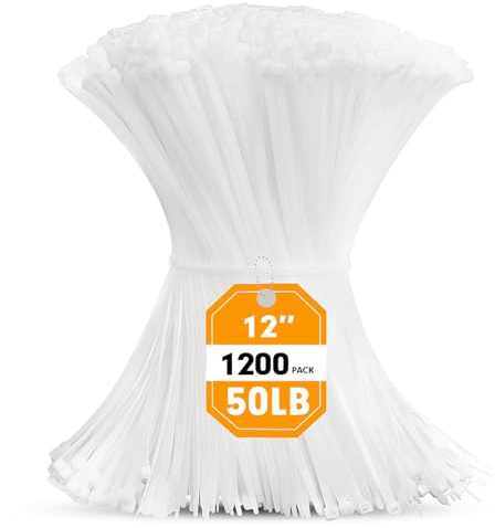 Zip Ties, RAZCC 1200pcs Cable Zip Ties 12 Inch, Heavy Duty White Plastic Wire Ties with 50lb Tensile Strength, Self-Locking Nylon Cable Ties, Wire Management for Indoor and Outdoor