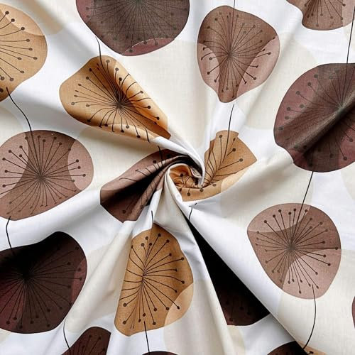 Textrend Baumwollstoff Stoffe Meterware - Stoff zum Nähen - 100% Baumwolle - Blumenmuster - Textilien 1x1.6m - Stoffe Meterware (Beige und braune Pusteblumen auf weißem Hintergrund)