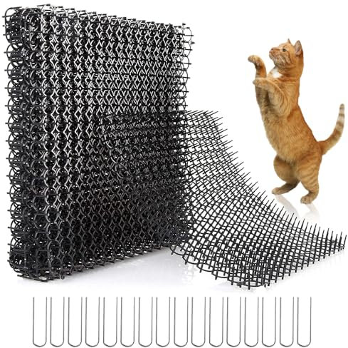 Wzhtuzi Thorn Grid Against Cats, Anti Cat Mat, Animal Barrier with Spikes, Pack of 16, 15 x 20 cm, Cat Repellent Mat, with 8 U-Shaped Ground Anchors, for Garden, Cat Repellent for Indoor and Outdoor