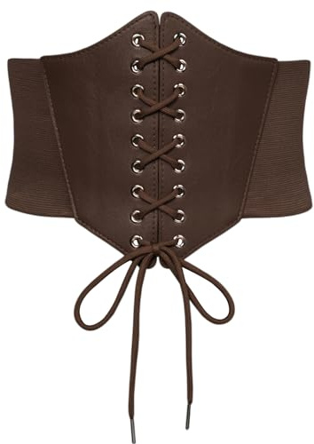 SCARLET DARKNESS Damen Mittelalter Breiter Gürtel Vintage mit Schnürung Elastisch Wide PU Band Kaffee L