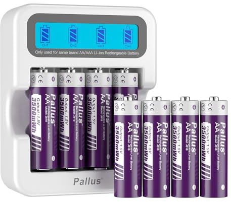 Pallus Rechargeable AA Lithium Battery, High Capacity 3500mWh, 8 Pack AA Li-Ion Battery with 4-Slot Charger, 1500+ Cycles 2-Hour Fast Charge,