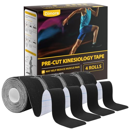 Dimora Kinesiology Tape, 80 Count Precut Strips 4 Rolls, Original Cotton, 10” Elastic Athletic Tape for Muscle Pain Relief and Joint Support, Black