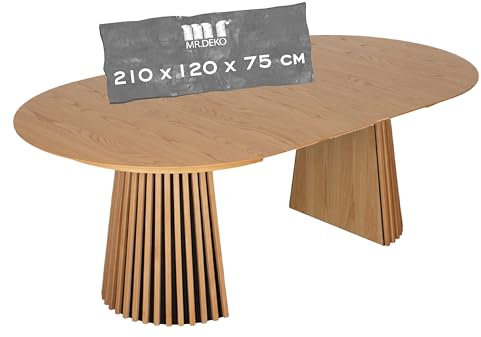 MR. DEKO Esstisch ausziehbar Oria Natur Eiche oval 210x120x75cm | Diningtable in Lamellenoptik | helles Holz | ovaler Tisch für 6 Personen | Küchentisch | Holztisch in Braun