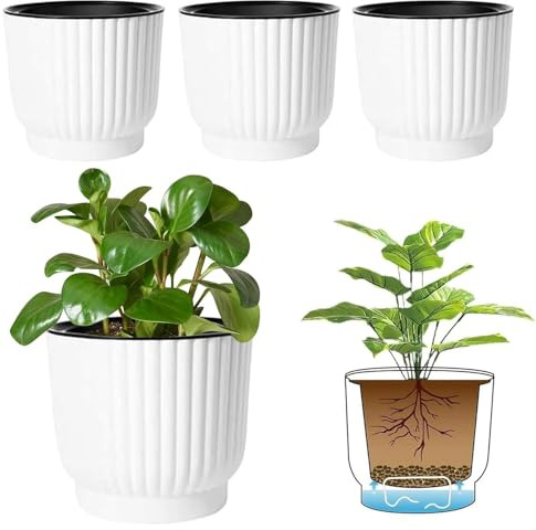 T4U Large Self Watering Plant Pots Indoor, 4 Pack Plastic Flower Pots, White House Plant Pots, Outdoor Plant Pot for Indoor Plants, Succulent, Cactus, African Violets, Spider Plants