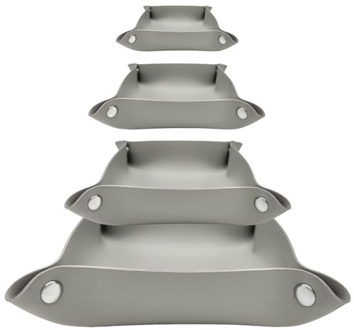 MIQIO® Design Aufbewahrungsschalen aus veganem Leder mit Druckknöpfen - 3 +1 Set - quadratischer Aufbewahrungskorb aus Kunstleder für Briefe, Schlüssel, Smartphone - faltbare Utensilo Schale - grau