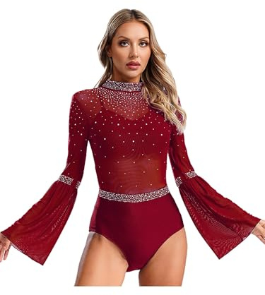 Xnihocha Damen Glitzer Tanzbody Sheer Mesh Tanzanzug Langarm Ballettanzug mit Strass Einteiliger Eiskunstlauf Tanz Trikotanzug