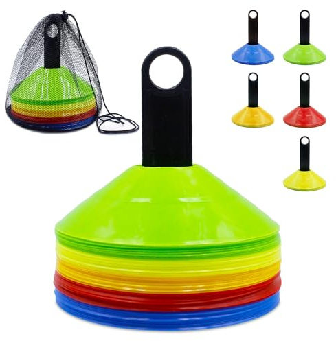 Druuzyl 50 Pezzi Coni Allenamento Calcio - Dischi Segnalazione 5 Colori con Supporto e Rete, Kit Completo per Partite/Scuola/Atletica (Materiale Resistente)