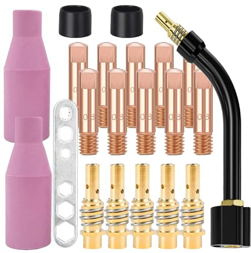 21Pz Accesorios de Soldadura Consumibles de Máquina de Soldadura, 10 Punta de Contacto M6 0.8mm, 5 Soporte de Boquilla, 2 Aislante, 1 Herramienta para Antorcha de Soldadura MB15AK MIG MAG (0,8mm)