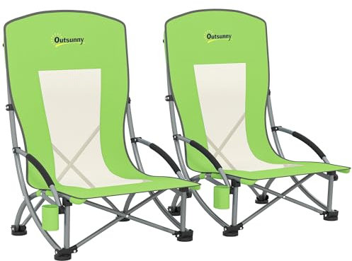 Outsunny Lot de 2 chaises de plage pliantes, chaise de camping basse avec dossier en maille, sac de transport et porte-gobelet pour jardin, extérieur, pique-nique, festival, voyage, vert