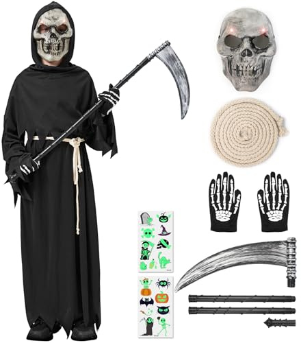 Haozozo Costume Halloween Per Bambini, Completo da Costume Morte Bambino Con Maschera da Teschio Fosforescente, Guanti da Scheletro e Falce - Vestito Halloween Per Bambino (9–10 anni)