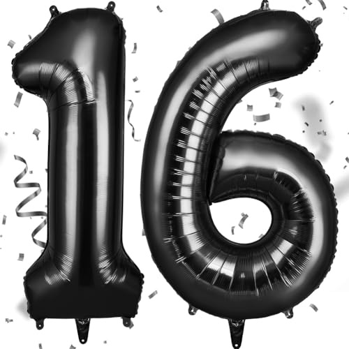 OFFCUP Luftballon Zahlen 16, Schwarz 16 Geburtstag Zahlen Ballon | 101cm Groß Folienballon 40 Zoll Helium Ballons zum Mädchen Junge Geburtstag Party Deko Abschluss Jubiläums（16, Schwarz）