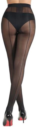 HONENNA Backseam Sheer Tights for Women T Crotch Cuban Heel Black Pantyhose 20D Control Top Stockings