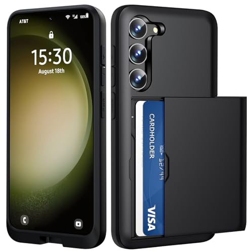 ÁRBOLORO Coque pour Samsung Galaxy S23 avec Porte Cartes, Étui Portefeuille Housse Fente Carte Militaire Antichoc Anti Rayures Fente Cachée Coulissante Case pour 2 Cartes, Noir
