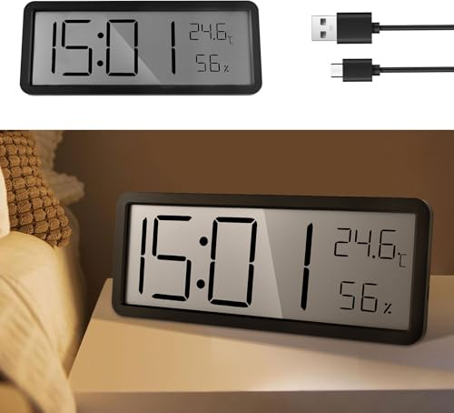 BAODBF Wanduhr Digital Batteriebetrieben,Digitaluhr Tischuhr,Wanduhr mit Temperaturanzeige für Schlafzimmer,Wohnzimmer,Klassenzimmer,Büro,20×8×2cm(schwarz)