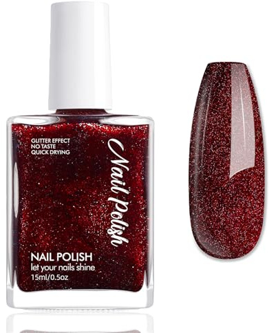 Nagellack Rot Glitzer - 15Ml Glänzend Nagellack Schnelltrocknend - Ungiftiger Nagelack auf Wasserbasis für Frauen - Hochpigmentiert Nail Polish für Nail Art Regular Nagelack (Deep Red Glitter)