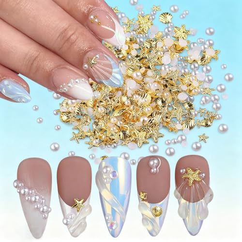 Xanthelle Nail Charms, Charms pour Ongles avec Perles, Étoiles de Mer Dorées et Coquillages, 200 Pièces pour Nail Art, Strass et Pierres pour Ongles d'Été