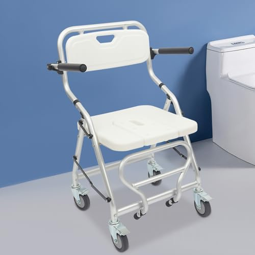 Duschstol med hjul toalettrullstol i aluminiumlegering 150 kg lastkapacitet hopfällbar lätt 4 hjul med bromsar ergonomisk för äldre och rörelsebegränsningar 55 x 64 x 88 cm