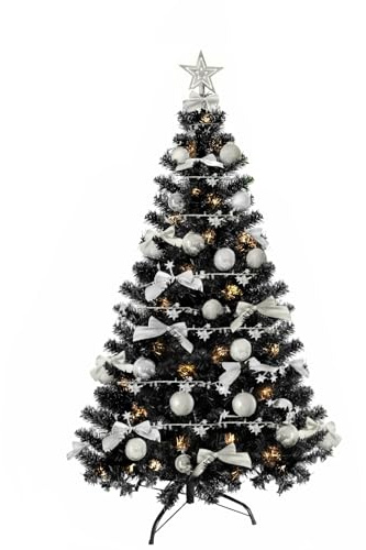 Weihnachtsbaum künstlich (WBD) 120 cm schwarz mit Weihnachtsdeko Silber und Led Lichterkette mit Batteriebox und Fernbedienung künstlicher Christbaum klein Tannenbaum
