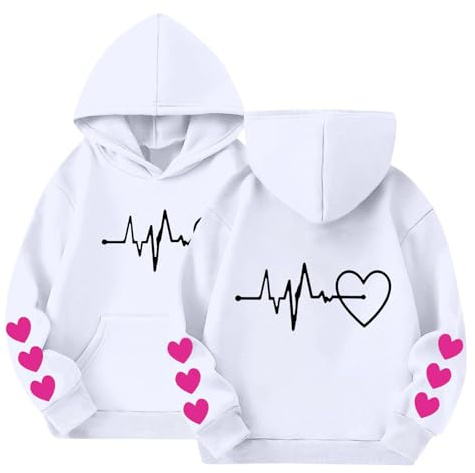 Mjjsk Söta huvtröjor för flickor mode hjärta grafisk långärmad tröja med huva vardaglig komfort pullover toppar skola mjuk huvtröja jumper, Vitt, 2-3 Years