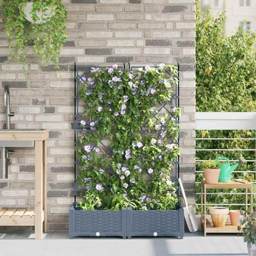 Aiuola da giardino, aiuola, aiuola, fioriera da giardino, con griglia, 2 pezzi, grigio chiaro, 80 x 40 x 125,5 cm, in polipropilene, per giardino, balcone, terrazza, giardino d'inverno