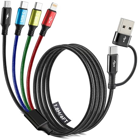 Minlu Cavo di ricarica multiplo di tipo C, 4 in 2, cavo USB, da USB-A/C a Dual USB-C+Lightning+cavo di ricarica micro USB, cavo di ricarica universale intrecciato per iPhone 17 16 15 14 13/Galaxy