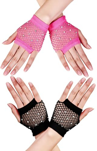 YFTRFR 2 Pares Guantes de Malla sin Dedos para Mujer Guantes de Rejilla Cortos de Nailon con Pedrería Retro de Nailon 80 Fiesta Temática de Disfraces Halloween Disfraz Accesorio Punk para Disfraces