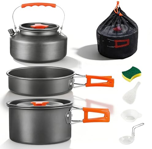 Camping gryta kit, 10 st utomhus köksredskap, camping matlagningsset, inklusive en kastrull, stekpanna och tekannor för 3–5 personer, för vandring, fiske, BBQ