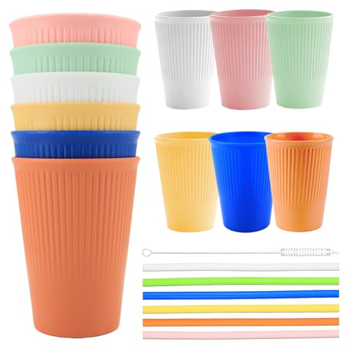 Eudomis 6 Pcs Unbreakable Reusable Plastic Cups, 350ml Camping Cups Plastic Tumblers with 6 Color Straws and 1 Brush, BPA-Free Stackable Mugs for Picnic, Party, Dishwasher Safe
