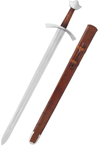 Battle-Merchant Ritterschwert mit Lederscheide | Hochmittelalter Einhänder aus Stahl, inkl. Scheide, Schwert Replik 13, Jh., Historisches Sammlerstück & Dekoration, ab 18