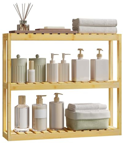 WOLTU Bambus Regal, Hängeregal, Badregal, Wohnzimmerregal, Badezimmerregal stehend, Bücherregal, Schuhregal, verstellbare Ablage, mit 3 Ebenen, 60x54x15 cm, Naturfarbe