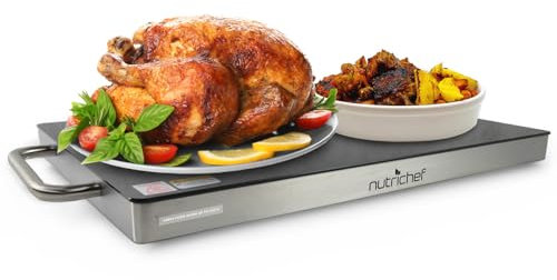 NutriChef Stainless Warming Hot Plate - Keep Food Warm w/ Portable Electric Food Tray Dish Warmer w/ Black Glass Top, For Restaurant, Parties, Buffet Serving, Table or Countertop Use - AZPKWTR30