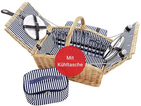 WOMA Picknickkorb blau weiß gestreift mit Tragegriff für 4 Personen I Geflochtener Weidenkorb mit Besteck, Geschirr & Weingläsern für Fahrrad & Auto I Moderner Picknickkorb mit Kühlfach