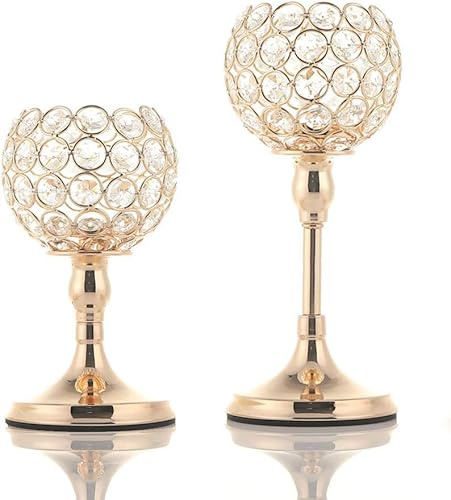 VINCIGANT 2er Set Gold Kristall Kerzenständer, Teelichthalter in 2 Höhen | Funkelnder Kerzenbecher mit Stabiler Metallfuß für Hochzeiten, Wohnzimmer, Partys, Jubiläen und Weihnachtsdekorationen