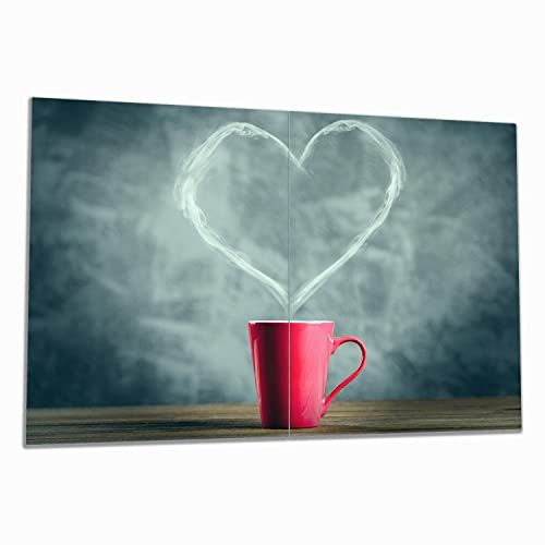 Wallario Herdabdeckplatte/Spritzschutz aus Glas, 2-teilig, 80x52cm, für Ceran- und Induktionsherde, Tasse mit Kaffee - herzförmiger Dampf
